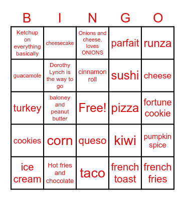 Food Bingo Card