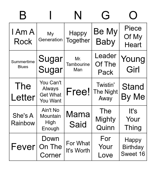 60's Hits Bingo Card