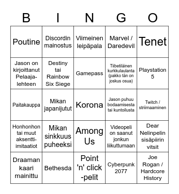 Nelinpelingo Bingo Card