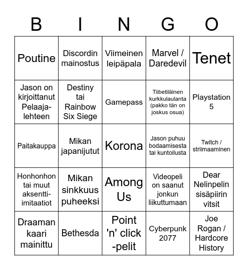 Nelinpelingo Bingo Card