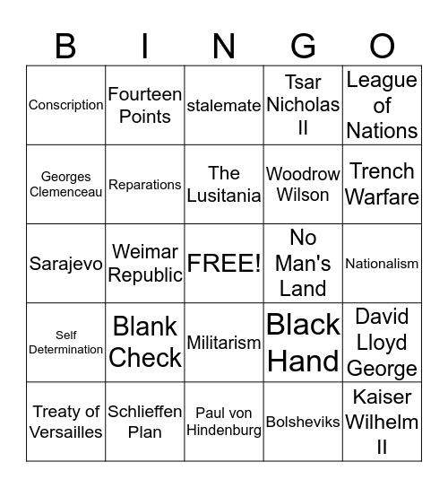 The Great War Bingo Card
