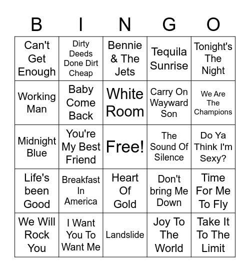 70's Rock Bingo Card