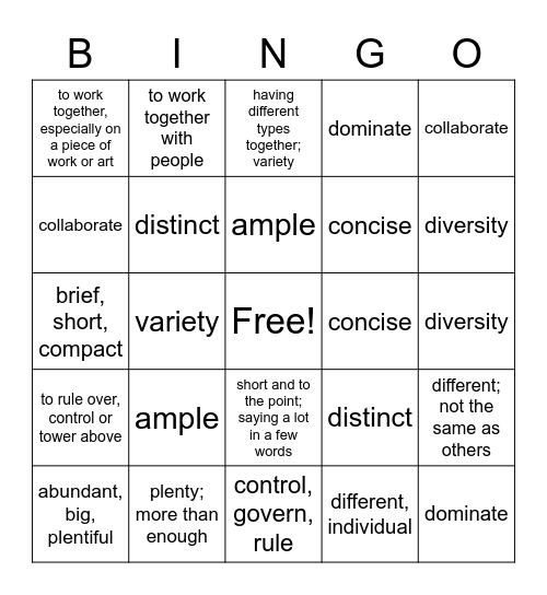 Level Green Unit 2 (words 1-6) Bingo Card