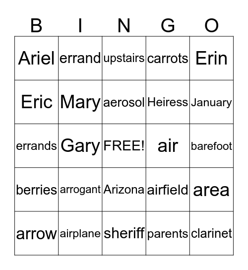 "Air" Bingo Card