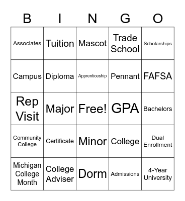 College Bingo Card