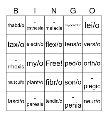 Muscular Combining Forms Bingo Card