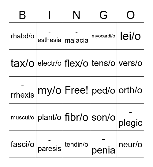 Muscular Combining Forms Bingo Card