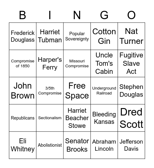 Causes of the Civil War Bingo Card