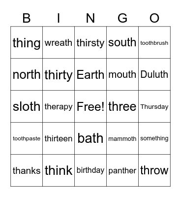 Voiceless TH Articulation Bingo Card
