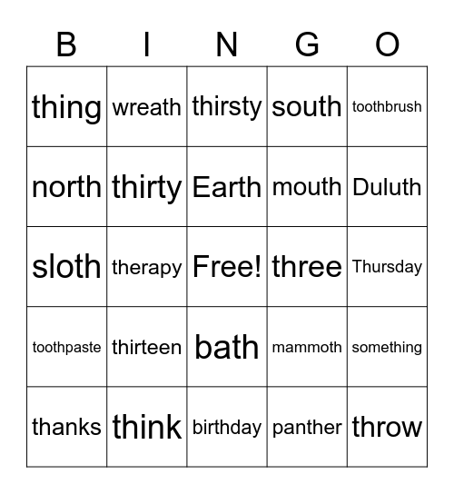 Voiceless TH Articulation Bingo Card