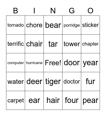 Vocalic R Articulation Bingo Card