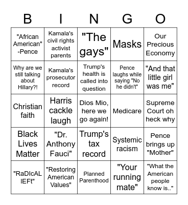 2020 Vice Presidential "Debate" Bingo Card