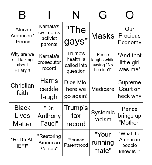 2020 Vice Presidential "Debate" Bingo Card