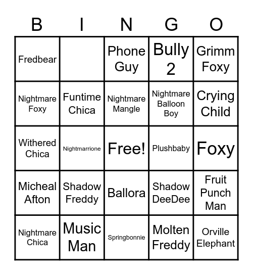 FNAF Characters Bingo Card
