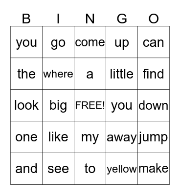 Sight Words Bingo Card