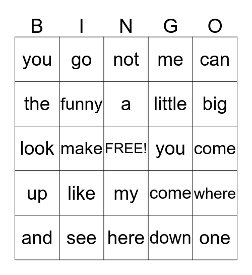 Sight Words Bingo Card