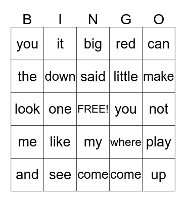 Sight Words Bingo Card