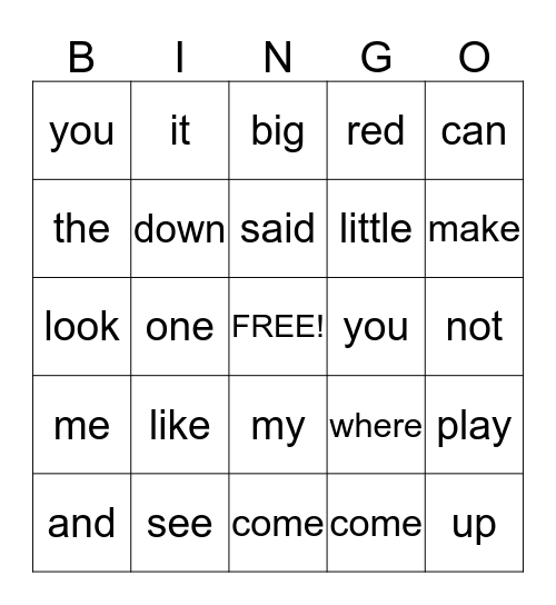 Sight Words Bingo Card