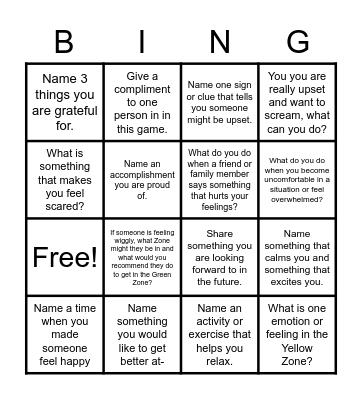 Emotional Regulation Bingo Card
