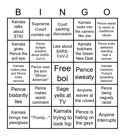 2020 K vs. P Bingo Card