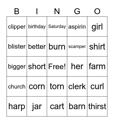 Bossy r words Bingo Card