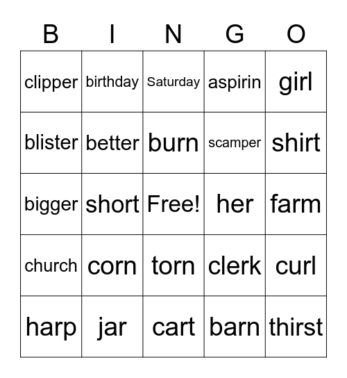 Bossy r words Bingo Card