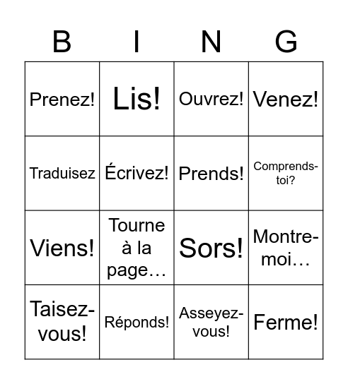 Les Expressions pour la Classe! (Commands) Bingo Card
