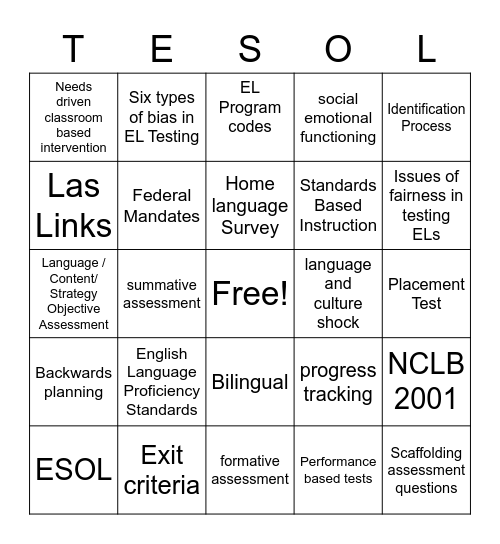 English Learners & Assessment Bingo Card