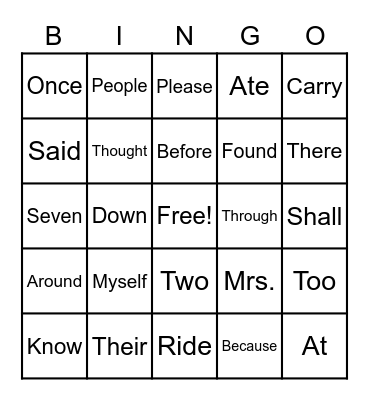 Sight Word Bingo Card