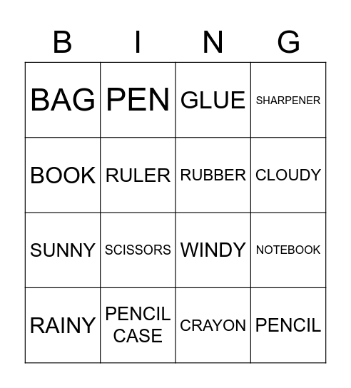 School Supplies Bingo Card