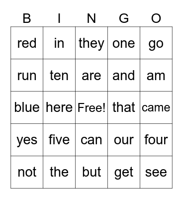 Sight Words B Bingo Card