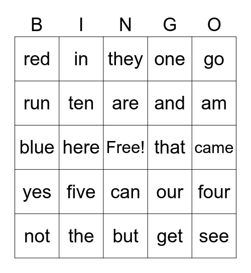 Sight Words B Bingo Card