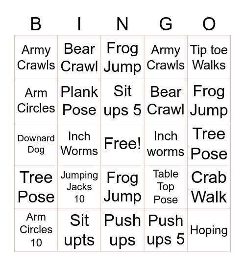 Gross Motor Bingo Card