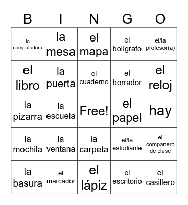 Classroom Objects (Spanish) Bingo Card