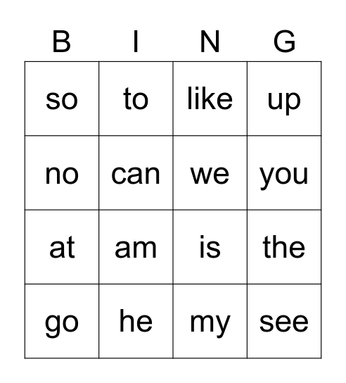 Sight Words Bingo Card