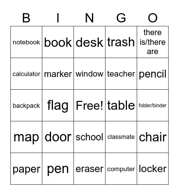 Classroom Objects  (English) Bingo Card