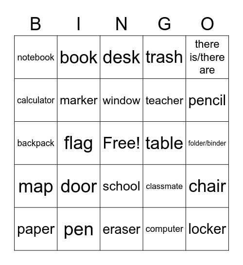 Classroom Objects  (English) Bingo Card