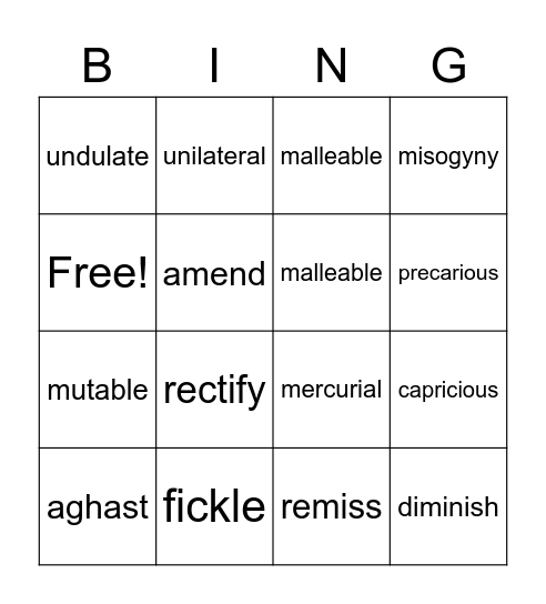 English 2 Lesson 9 Bingo Card