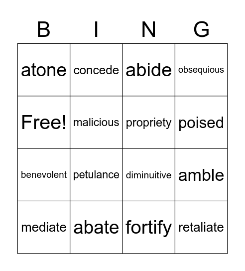 English 3 Lesson 3 Bingo Card