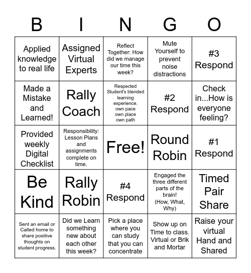 Classroom Expectations Bingo Card