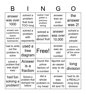Math Bingo! Bingo Card