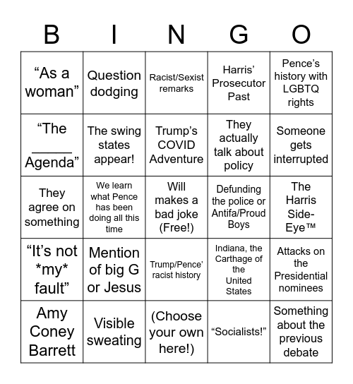 10/6 VP Debates Bingo Card