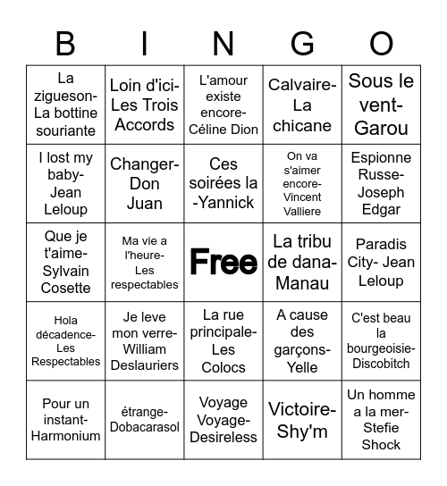 Music Bingo Franco Hits Bingo Card