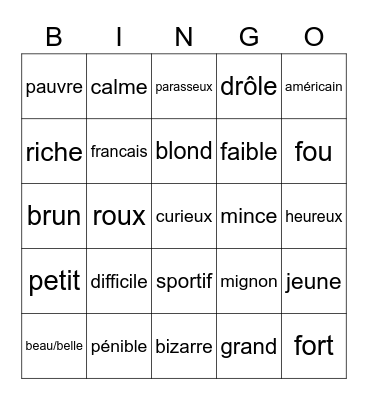 Les adjectifs Bingo Card