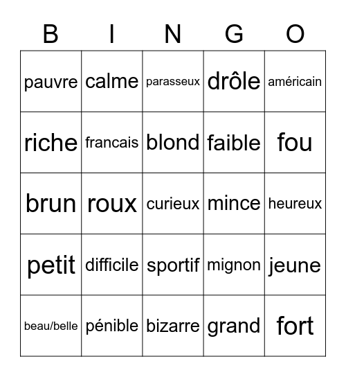 Les adjectifs Bingo Card