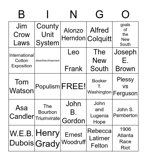 Unit 6 The New South Bingo Card