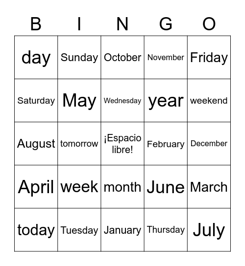 Días y meses Bingo Card