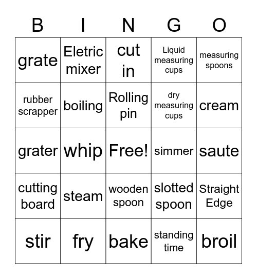 Kitchen Tools and Cookery Terms Bingo Card