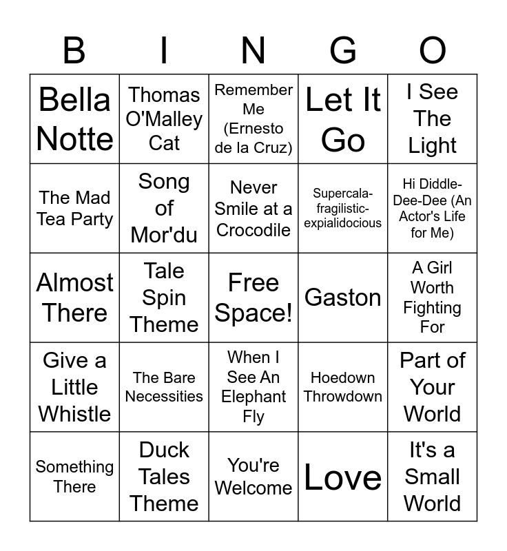 Be Our Guest Disney Music Bingo Card