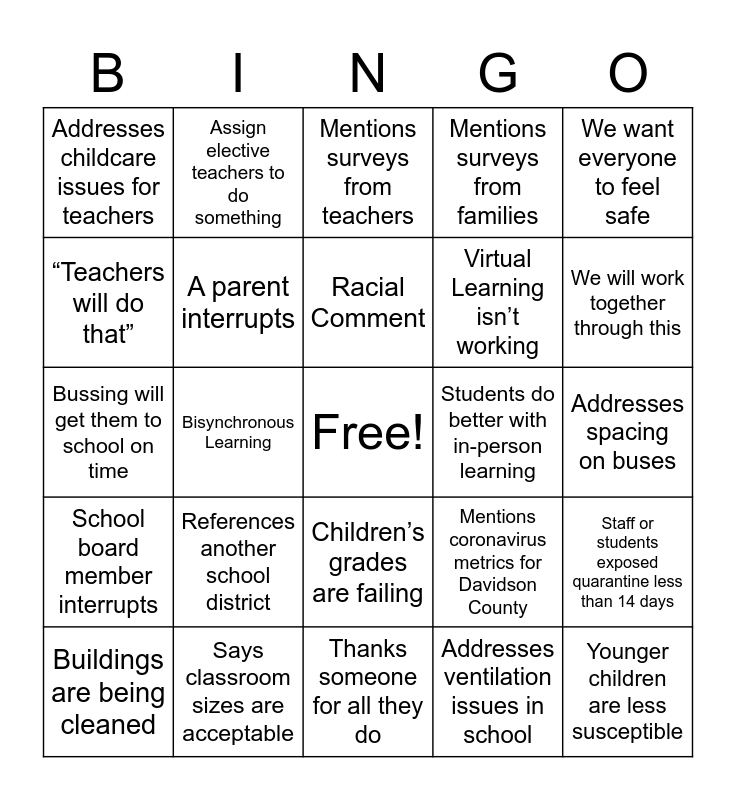 School Board Bingo Card